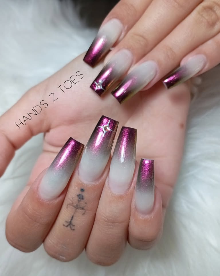 Coffin nails with pink metallic ombré and crystals